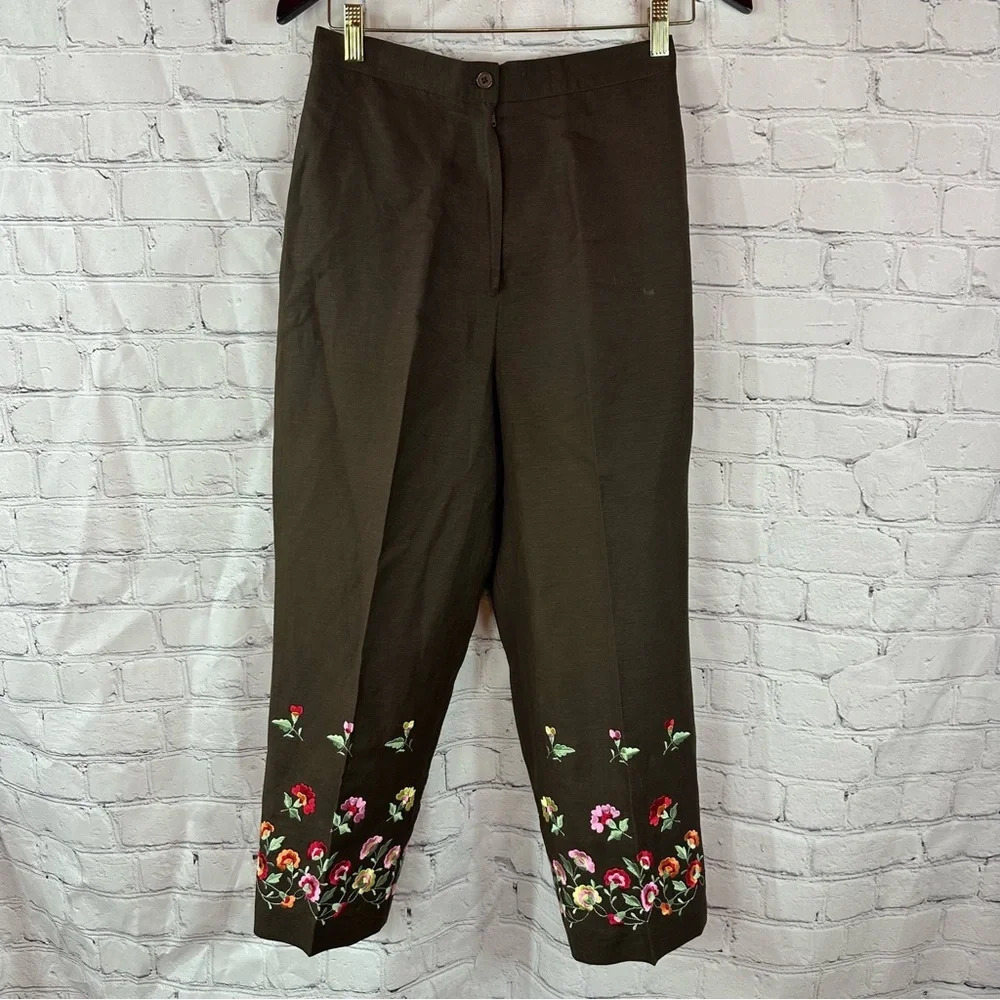 vintage larry levine sport pants sz 8 linen blend floral embroidery cottagecore